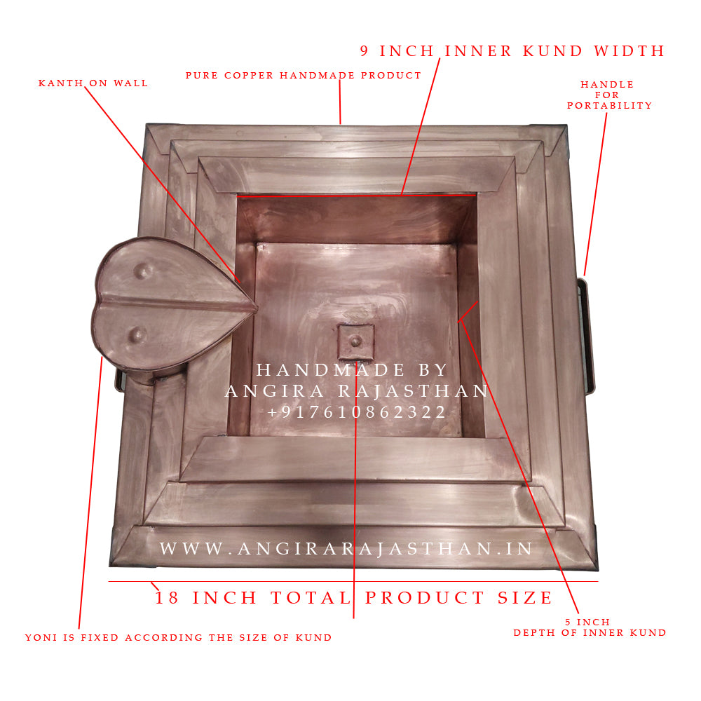 18 inch Pure copper havan kund with yoni, nabhi, kanth