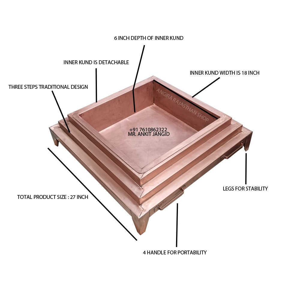 Handcrafted Copper Hawan Kund – Chaturasra (Square) Design | 27 Inch | Three-Step Traditional Vedic Fire Altar Model no 27186D